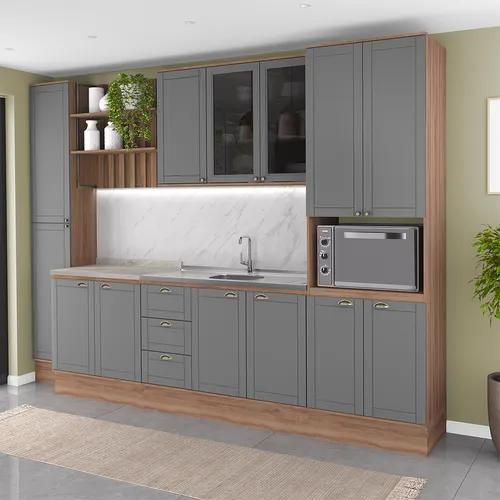 Armário de Cozinha Completa com Balcão Milla Vivace One Carraro Nogal com Cinza Titânio