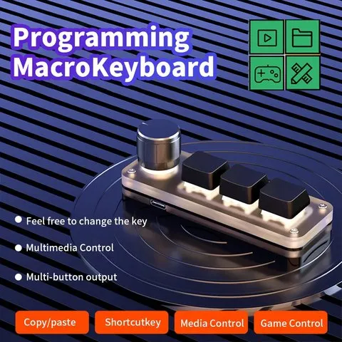 Teclado Macro Mecânico Macropad, Mini Teclado Gaming, Botão de Programação Personalizado, Teclados Interruptor Vermelho, 3 Teclas para Photoshop