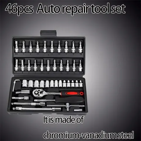 Conjunto de Ferramentas para Motocicleta: Chave Catraca Rápida, Jogo de Soquetes de 46 Peças, Bits e Caixa de Ferramentas Industrial para Reparo Automotivo e Manutenção de Carros