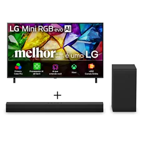 Smart TV LG Mini RGB evo AI 4K MRGB85 55 polegadas 2026 + Soundbar LG S40T - 300W RMS, 2.1 Canais, Dolby Digital, Sem fios, Bluetooth 5.3, Entrada Óptica, HDMI, AI Sound Pro - 55MRGB85.S40T