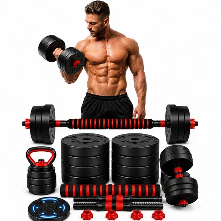 Kit de Halteres e Anilhas de 15kg com Kettlebell 6 em 1 Barras de Musculação Academia Treino Fitness Peso Shape Puxador