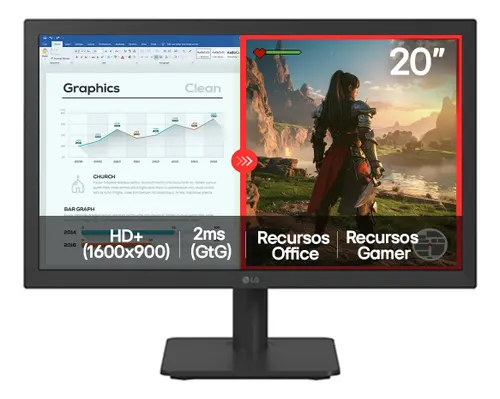 Monitor LG LED 20" - HD+, 75Hz, 2ms, HDMI/VGA, Modo Leitura, Flicker Safe, Black Stabilizer, Dynamic Action Sync, Preto- 20U401A