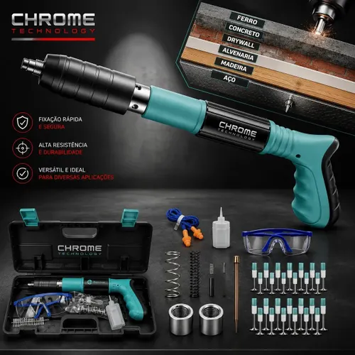 Pistola Fixação Finca Pino Ação Direta Pregos Maleta Epi Pinador Pregador Grampeador Rebitador de Prego Pressão Manual Ferramenta para Drywal Gesso Concreto Aço Parede Forro Pvc Grampo Kit Premium