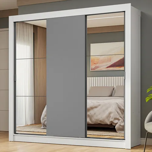 Guarda-Roupa Casal 3 Portas de Correr com Espelhos Branco/Cinza Nobre Madesa