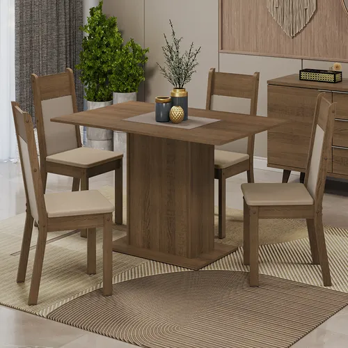 Conjunto Sala de Jantar Mesa Tampo de Madeira 4 Cadeiras Rustic/Crema/Bege Sheila Madesa