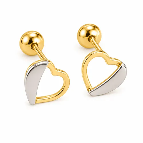 Brinco Coração Vazado Contornado 5 mm em Ouro Amarelo e Ouro Branco 18K