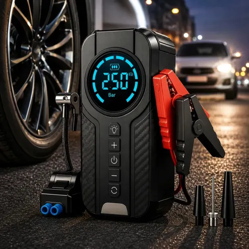 Auxiliar de Partida Bateria com Compressor de Ar 150 Psi Calibrador Digital de Pneu 12V 4 em 1 Recarregável Bivolt Inflador Mangueira para Carro Caminhonete SUV Pickup Emergência Automotiva MidiaFone