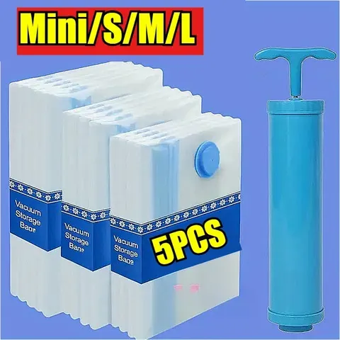 Conjunto de saco de armazenamento a vácuo com bomba, à prova de vazamento e resistente a arranhões para roupas, cobertores, cama, economizador de espaço, organizador de viagem, 1-5 peças