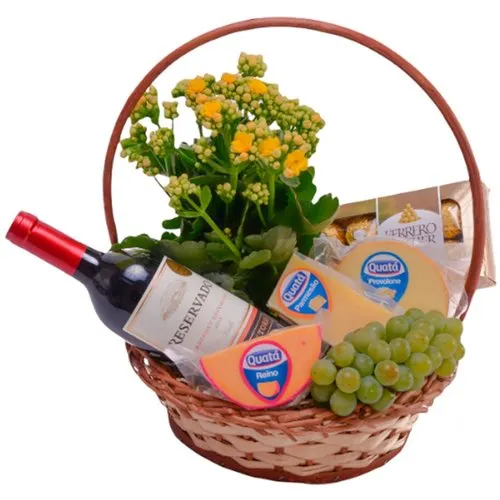 Cesta de Vinho com Flores Grande