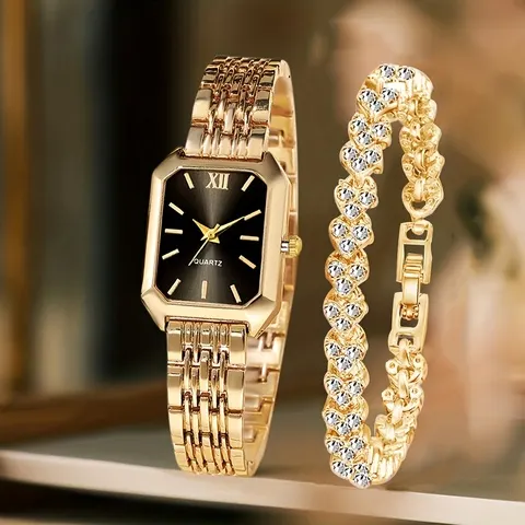 Conjunto de 2 Peças: Relógio Feminino Retangular de Quartzo com Mostrador Roma e Pulseira de Strass – Presente para Mulheres e Meninas