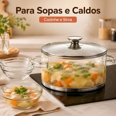 Caçarola de Vidro Borossilicato 3,5L com Tampa + 2 Tigelas Panela Transparente para Sopas e Caldos