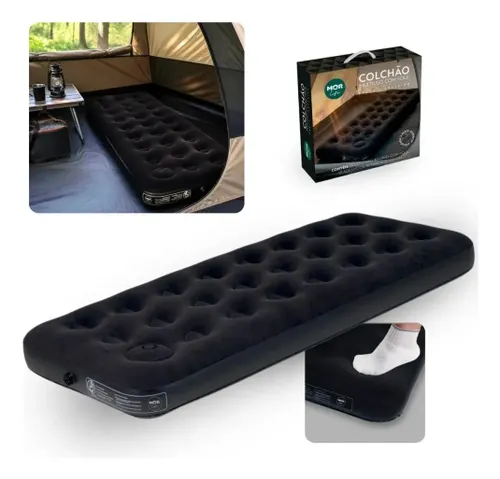 Colchão Inflável Solteiro Inflador Pé Multiuso Camping Mo Preto