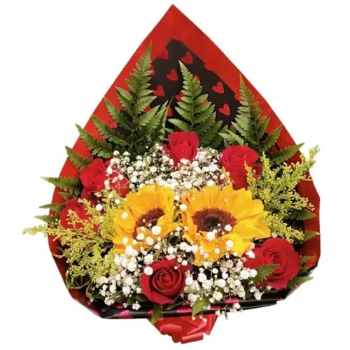 Buquê Rosas e Girassol Apaixonado
