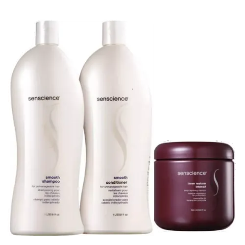 Kit Senscience Smooth Shampoo Condicionador 1L e Máscara Inner Restore Intensif 500ml