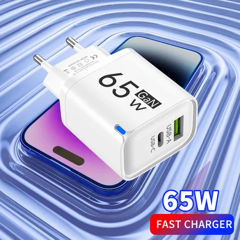 Adaptador de Parede Portátil de Alta Velocidade com 2 Portas USB Tipo C de 65W para Carregamento Rápido, com Plugue EU, US, UK para iPhone, Samsung, Xiaomi, Huawei