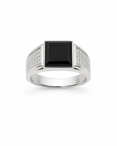 Anel Ágata Negra 8 mm Cravejado com Zircônias em Prata