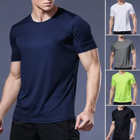 Camiseta masculina de secagem rápida, manga curta, academia, corrida, absorção de umidade, gola redonda, treinamento, exercício, academia, camisa esportiva, tops leves