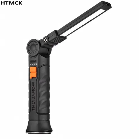 Lanterna de trabalho LED COB portátil, recarregável por USB, com sistema magnético para pendurar e bateria integrada, ideal para acampamentos.