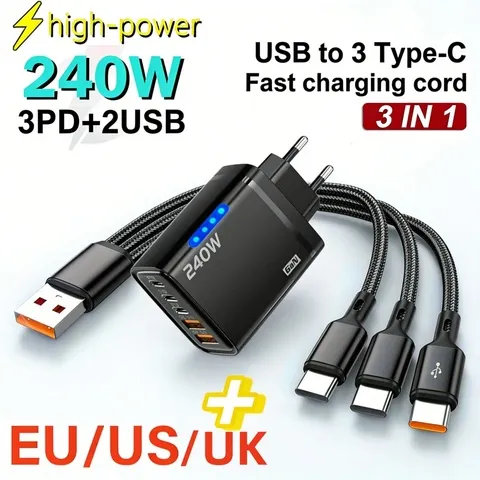 Carregador de Telefone USB C 240W com Carregamento Rápido, Adaptadores de Parede 100W 6A, Cabos de Dados 3 em 1 USB-A para 3 × Type-C para iPhone 15 Samsung Xiaomi
