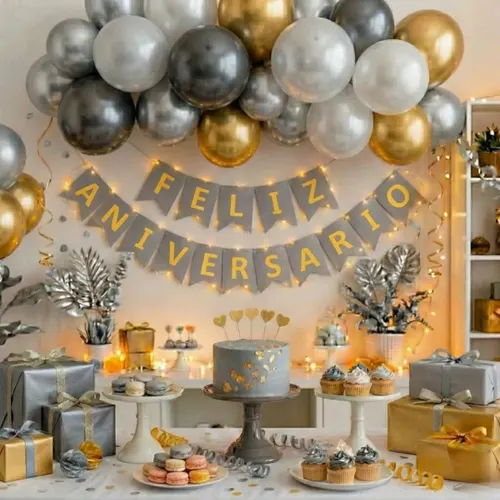 Faixa Feliz Aniversário Bandeirinha com Led Decoração de Festa Prata