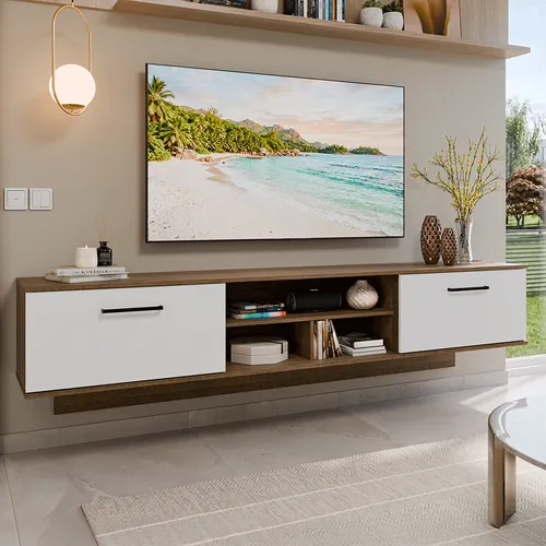 Rack Suspenso para TV até 80 Polegadas 218 cm 2 Portas Rustic/Branco Agata Madesa