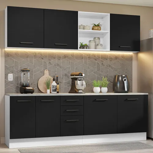 Armário de Cozinha Completa 240cm Branco/Preto 60cm de Profundidade Agata Madesa 02
