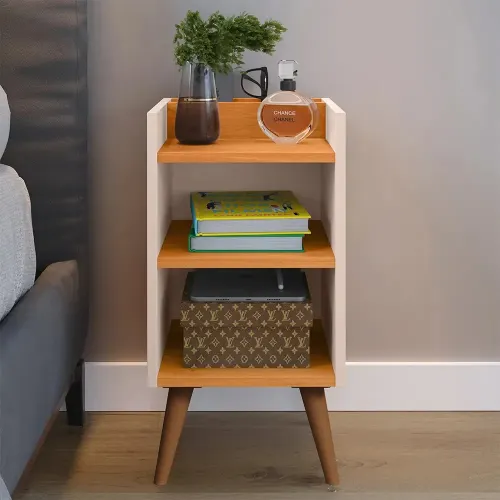 Mesa de Cabeceira Criado Max Quarto com Suporte Celular Lux Acabamento Fosco Cor Off white/Cinamomo