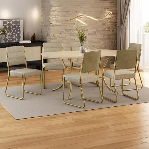 Conjunto Sala de Jantar 6 Cadeiras Fenix Carraro Off Dourado