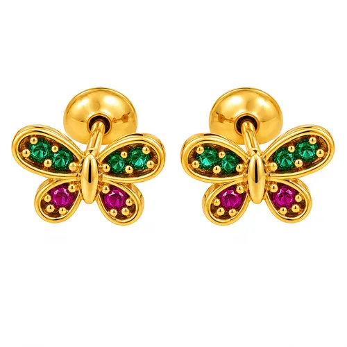 Brinco borboleta com zircônias coloridas em ouro 18K