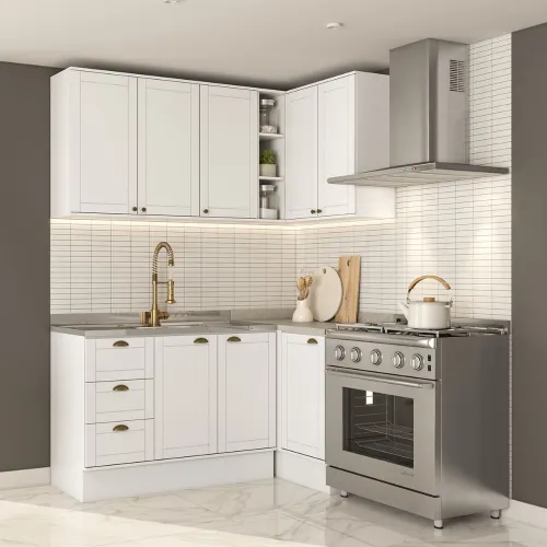 Armário de Cozinha Completa c Balcão Milla Whisper Carraro Branco