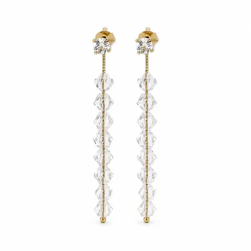 Brinco Gota Quartzo Incolor Zircônias 6 cm em Ouro 18K