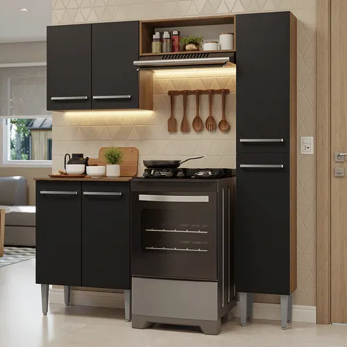 Armário de Cozinha Compacta 156 cm Rustic/Preto Emilly Madesa 02