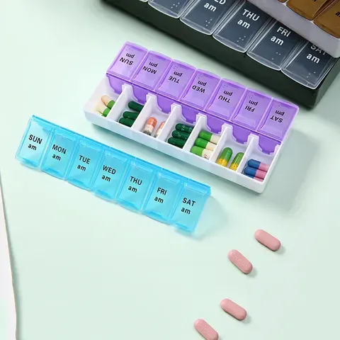 Caixa de comprimidos caso 7 dias semanal caixa de armazenamento de medicina fileira dupla 14 grade tablte dispensador organizador tampa aberta kit de primeiros socorros recipiente