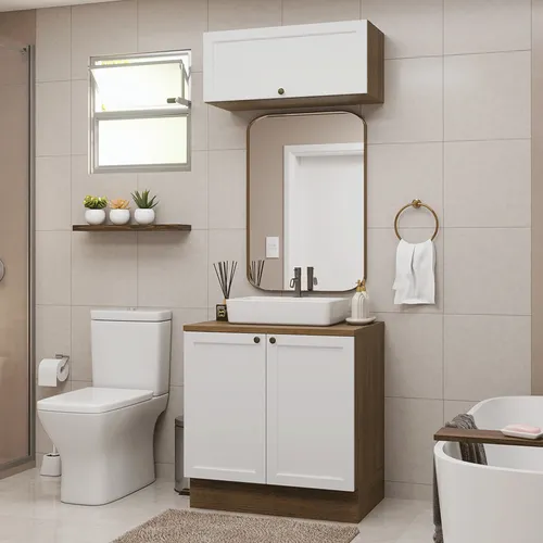 Conjunto Gabinete para Banheiro 80cm 3 Portas Rustic/Branco Vik Madesa 02