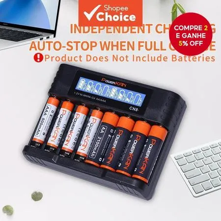 Carregador PowerKAN AA/AAA , LCD , Carregamento Autônomo de 8 Slots , Entrada USB-C , Para Baterias NiMH/NiCd de 1.2 V (
