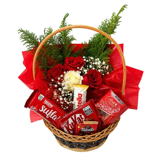 Cesta de Rosas e Chocolates Lindt