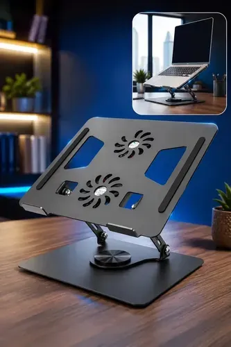 Suporte mesa pra Notebook Ajustável 360° com Cooler 2 Ventoinhas Base Ergonômica em Alumínio Refrigerada Ventilada Universal para Laptop MacBook Gamer Home Office VLX