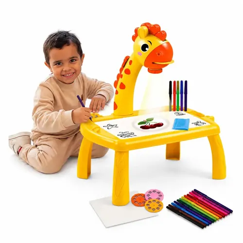 Brinquedo Mesa Projetora Lousa Mágica Infantil para Desenhar Girafa Desenho Pintura com Canetinha Amarelo