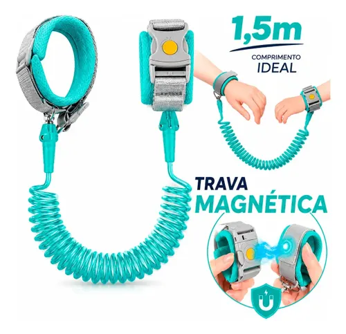 Pulseira Guia de Segurança Infantil com Trava Magnética Anti Perda Verde-Água para Crianças