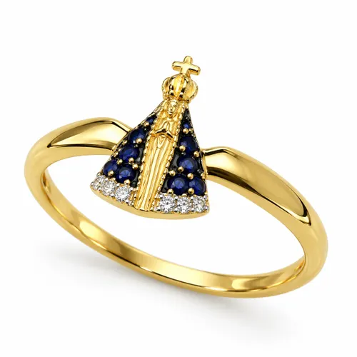 Anel Nossa Senhora com Safiras e Diamantes em Ouro 18k