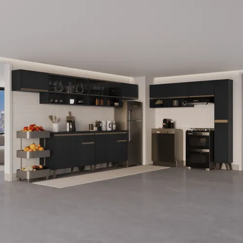 Armário de Cozinha Completa Atlanta Frame com Vidro Carraro Preto Touch
