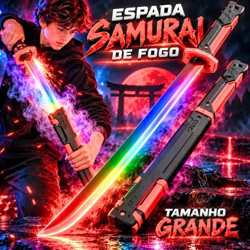 Espada Katana Led RGB Fumaça Brinquedo Recarregável, Som, Efeito de Faísca ao Sacar e Bainha para Anime, Cosplay, Games e Presente Geek