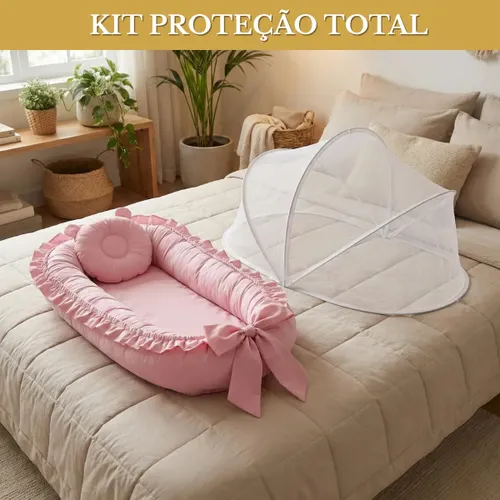 Ninho Redutor de Berço com Mosquiteiro com Laço e Zíper Cor Rosa Bebê
