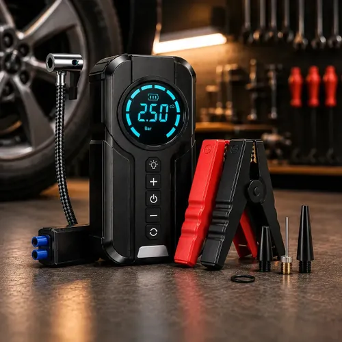 Auxiliar de Partida Carregador Bateria e Compressor de Ar Portátil 6 em 1 Inteligente para Carro, Moto e Bicicleta com Lanterna e Power Bank
