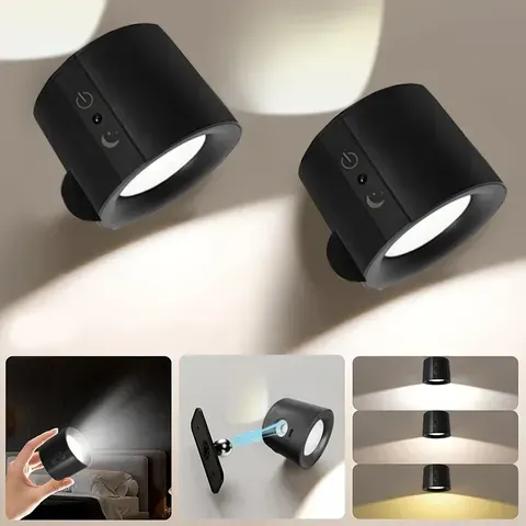 Luminárias de Parede LED Rotativas 360° com Controle por Toque, Luzes de Parede em 3 Cores, Luzes Noturnas sem Fio para Quarto