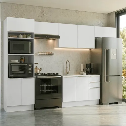 Armário de Cozinha Completa 350 x 60 cm Branco/Branco Veludo Lux Madesa 02