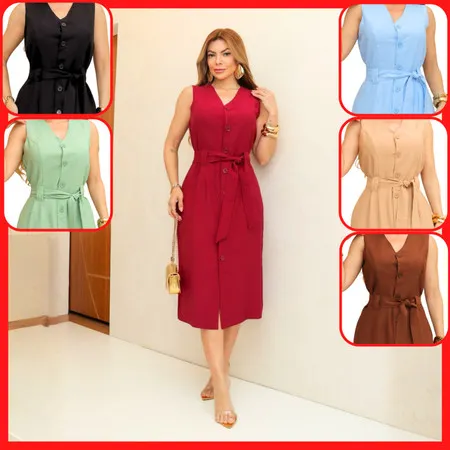 Vestido Chemise de Botão Médio Elegante Linho Premium Alfaiataria Luxo Acinturado Chique Festa X261