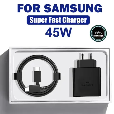Carregador Super Rápido 45W PD para Samsung Galaxy S24 Ultra S23 S22 S21 Plus Note10 A54 A34 Cabo de Dados Tipo C com Carregamento Rápido 5A
