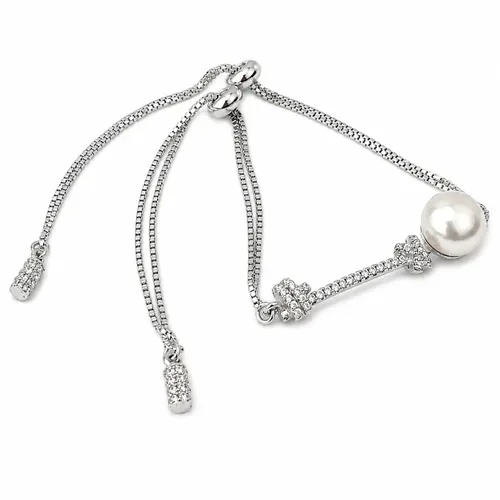 Pulseira Ajustável 11 cm com Pérola e Zircônias em Prata 925