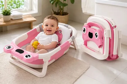 Banheira Bebe Dobrável com Termômetro Rosa Almofada Infantil Kids Suporte Banheirinha Chuveirinho Calor Ofurô Criança